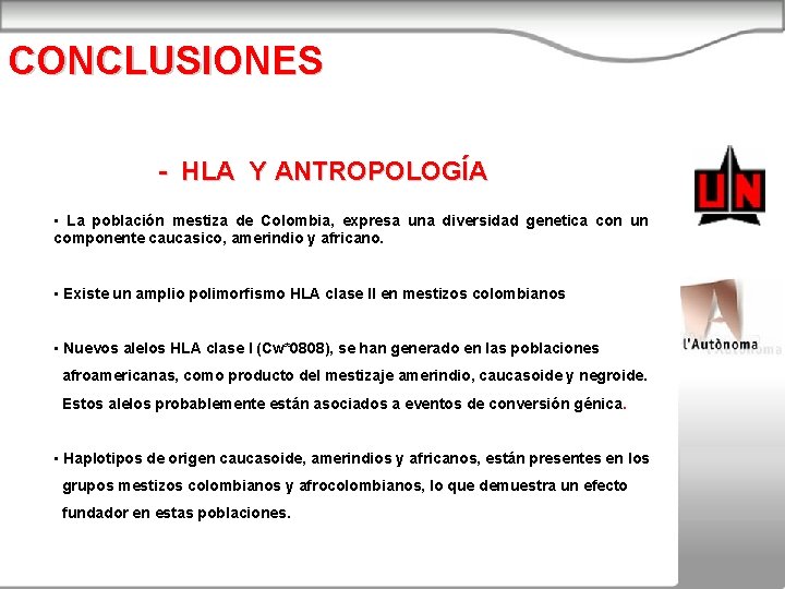 CONCLUSIONES - HLA Y ANTROPOLOGÍA • La población mestiza de Colombia, expresa una diversidad