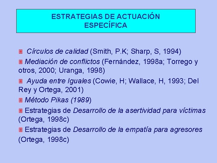 ESTRATEGIAS DE ACTUACIÓN ESPECÍFICA Círculos de calidad (Smith, P. K; Sharp, S, 1994) 3