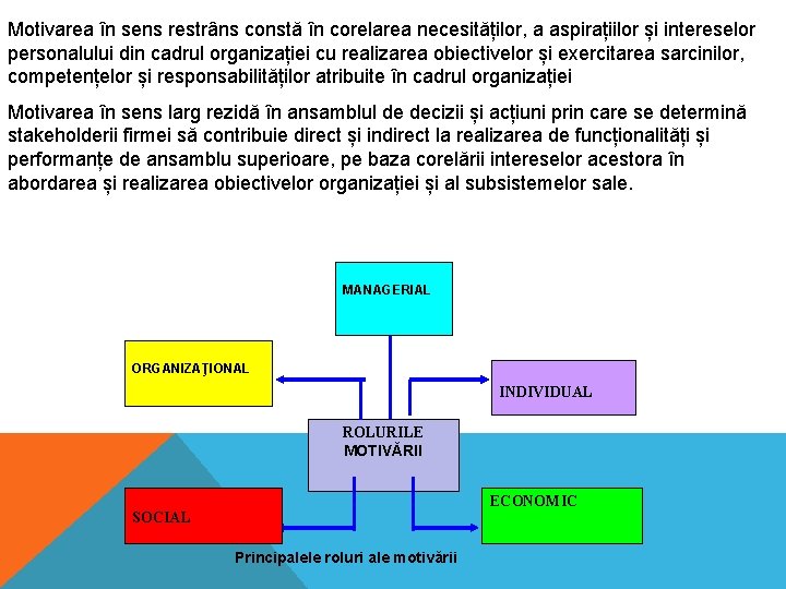 Motivarea în sens restrâns constă în corelarea necesităților, a aspirațiilor și intereselor personalului din