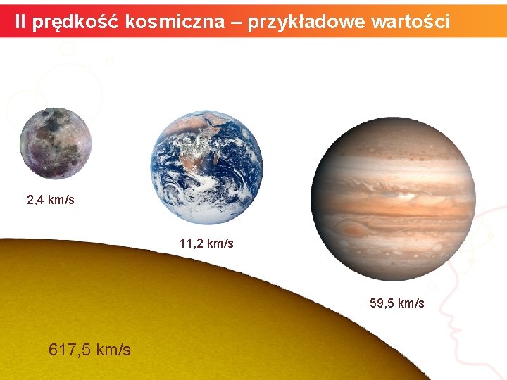 II prędkość kosmiczna – przykładowe wartości 2, 4 km/s 11, 2 km/s 59, 5