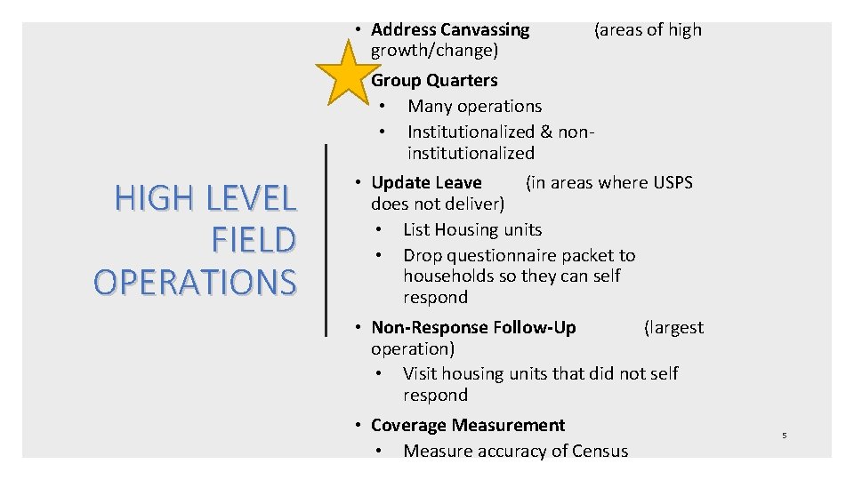  • Address Canvassing growth/change) (areas of high • Group Quarters • Many operations