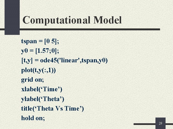 Computational Model tspan = [0 5]; y 0 = [1. 57; 0]; [t, y]
