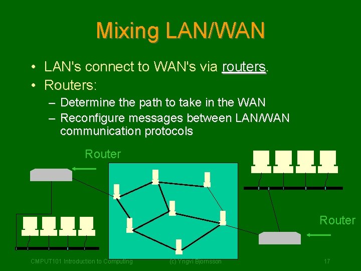 Mixing LAN/WAN • LAN's connect to WAN's via routers. • Routers: – – Determine Mixing LAN/WAN • LAN's connect to WAN's via routers. • Routers: – – Determine