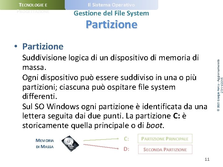 TECNOLOGIE E PROGETTAZIONE Il Sistema Operativo Gestione del File System Partizione Suddivisione logica di