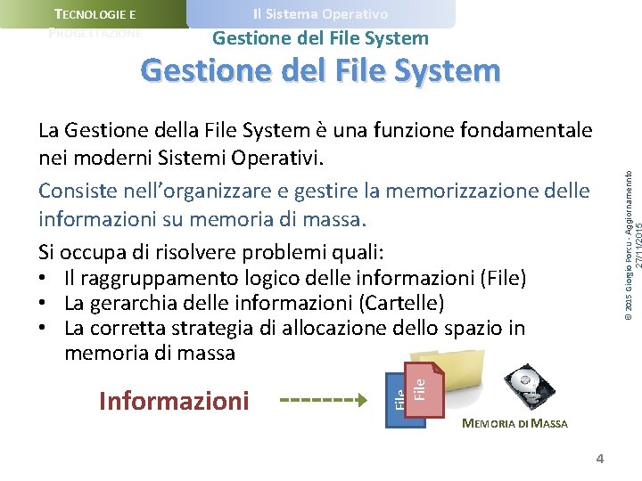 TECNOLOGIE E PROGETTAZIONE Il Sistema Operativo Gestione del File System File Informazioni © 2015