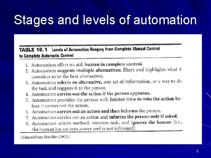 Stages and levels of automation 8 