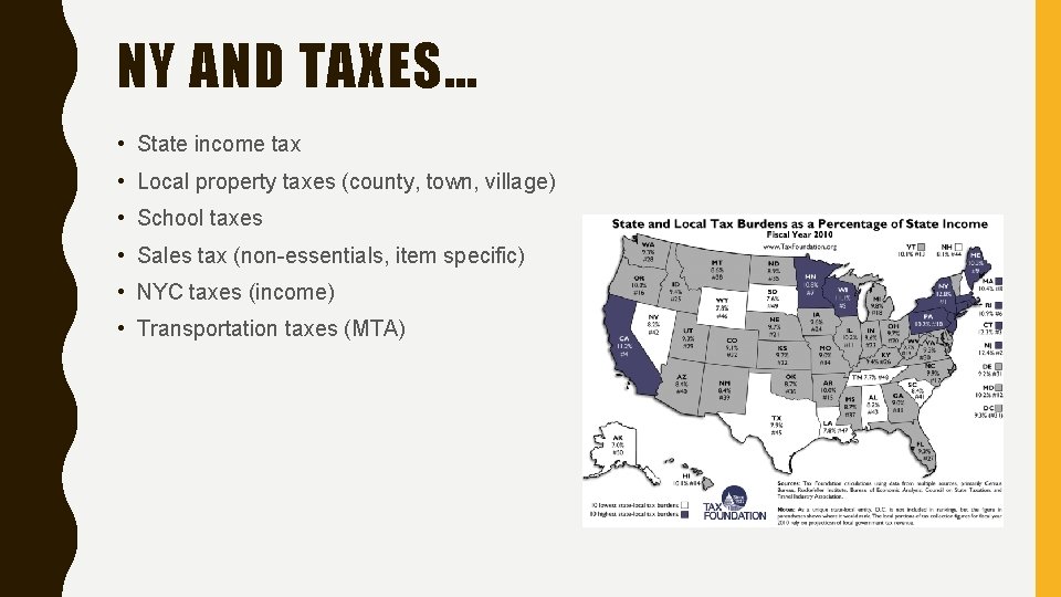 NY AND TAXES… • State income tax • Local property taxes (county, town, village)