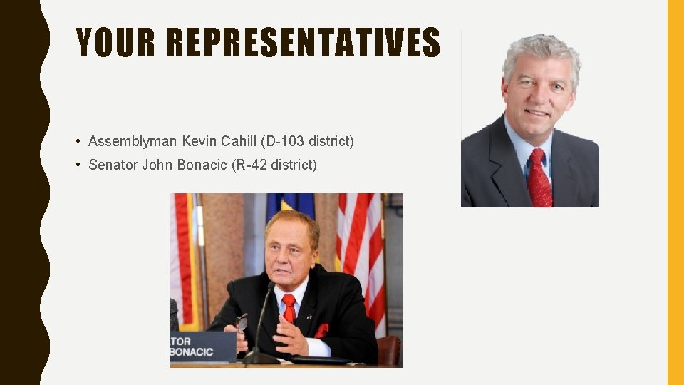 YOUR REPRESENTATIVES • Assemblyman Kevin Cahill (D-103 district) • Senator John Bonacic (R-42 district)