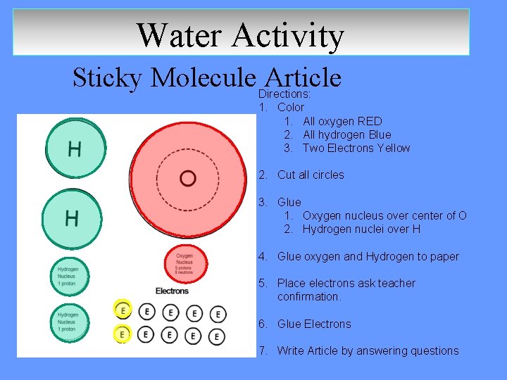 Water Activity Sticky Molecule Article Directions: 1. Color 1. All oxygen RED 2. All