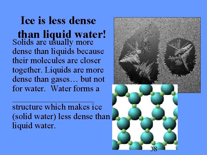 Ice is less dense than liquid water! Solids are usually more dense than liquids