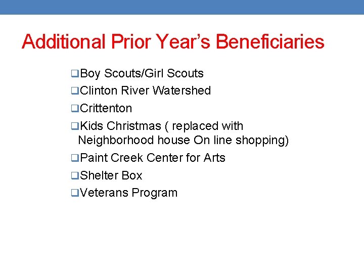 Additional Prior Year’s Beneficiaries q. Boy Scouts/Girl Scouts q. Clinton River Watershed q. Crittenton