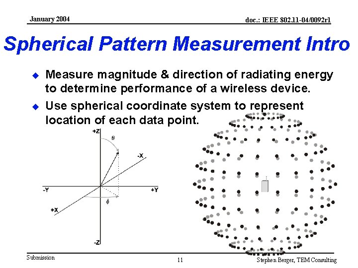 January 2004 doc. : IEEE 802. 11 -04/0092 r 1 Spherical Pattern Measurement Intro