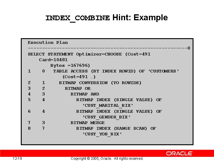 INDEX_COMBINE Hint: Example Execution Plan ----------------------------0 SELECT STATEMENT Optimizer=CHOOSE (Cost=491 Card=10481 Bytes =167696) 1