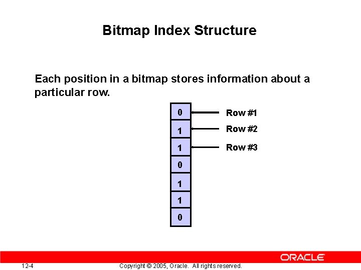 Bitmap Index Structure Each position in a bitmap stores information about a particular row.