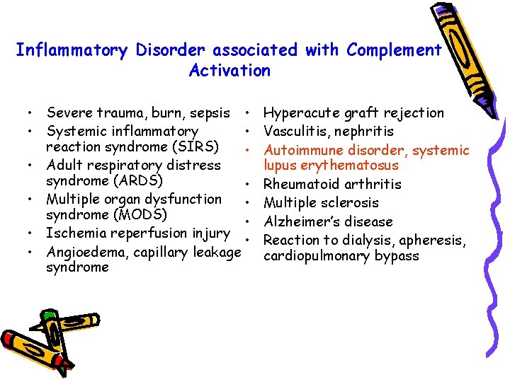 Inflammatory Disorder associated with Complement Activation • Severe trauma, burn, sepsis • • Systemic