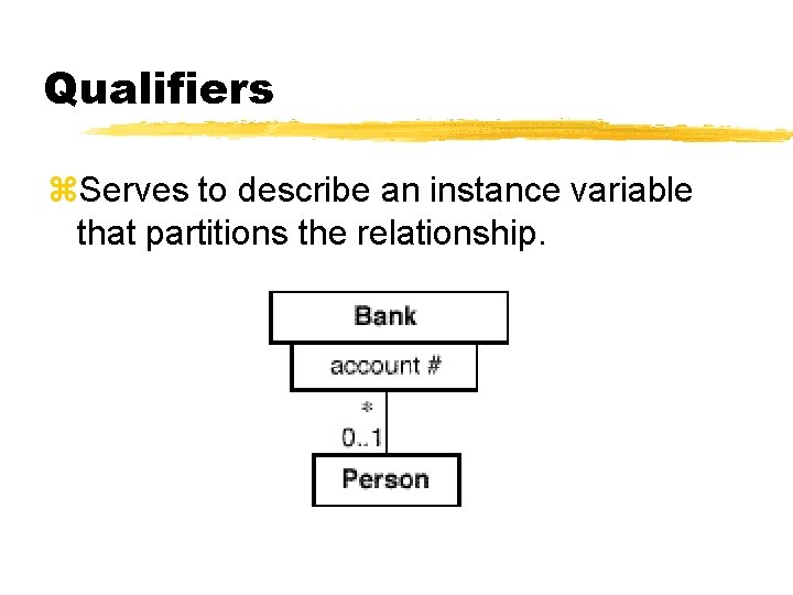 Qualifiers z. Serves to describe an instance variable that partitions the relationship. Qualifiers z. Serves to describe an instance variable that partitions the relationship.