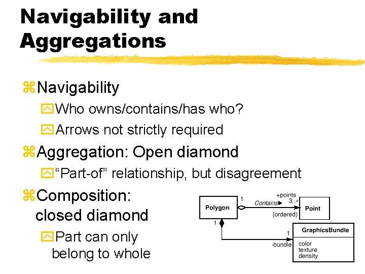 Navigability and Aggregations z. Navigability y. Who owns/contains/has who? y. Arrows not strictly required Navigability and Aggregations z. Navigability y. Who owns/contains/has who? y. Arrows not strictly required