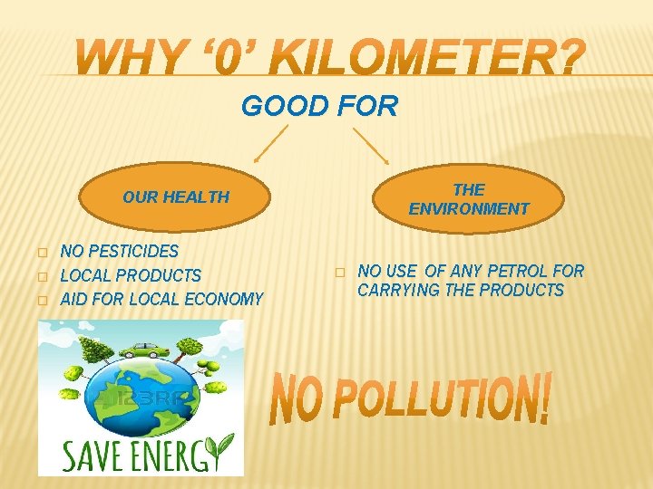 GOOD FOR THE ENVIRONMENT OUR HEALTH � � � NO PESTICIDES LOCAL PRODUCTS AID