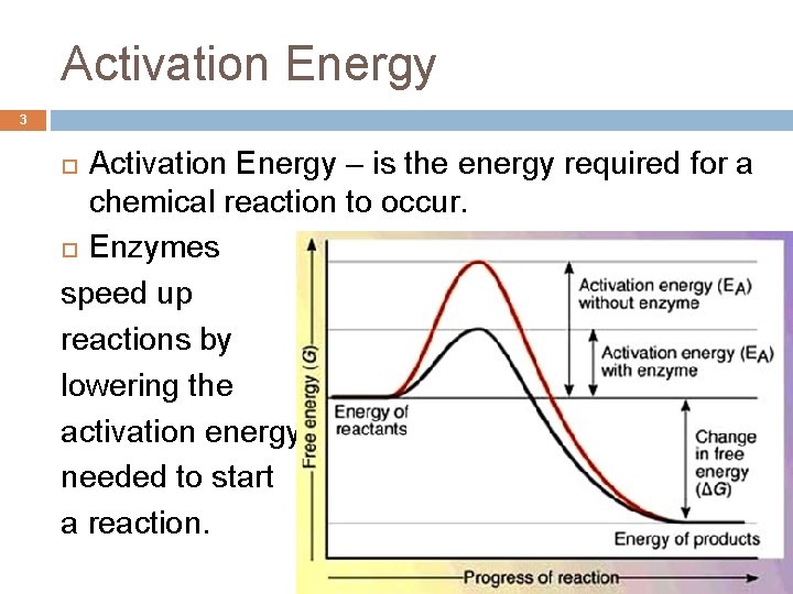 Activation Energy 3 Activation Energy – is the energy required for a chemical reaction