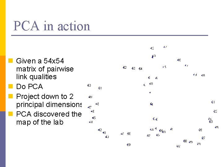 PCA in action n Given a 54 x 54 matrix of pairwise link qualities