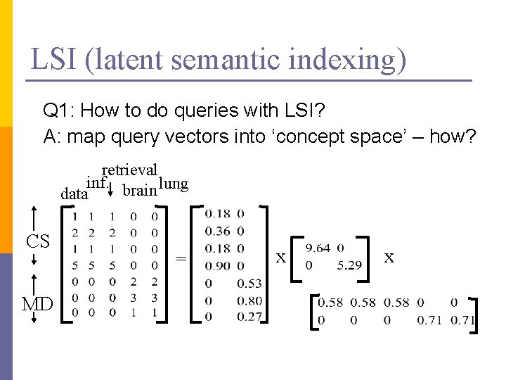 LSI (latent semantic indexing) Q 1: How to do queries with LSI? A: map