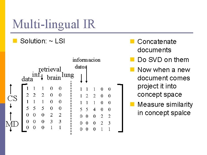 Multi-lingual IR n Solution: ~ LSI informacion datos retrieval inf. brain lung data CS