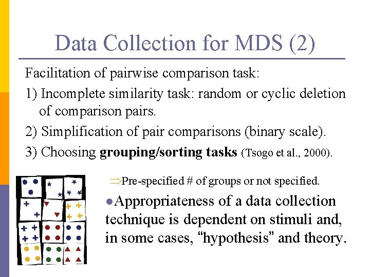 Data Collection for MDS (2) Facilitation of pairwise comparison task: 1) Incomplete similarity task: