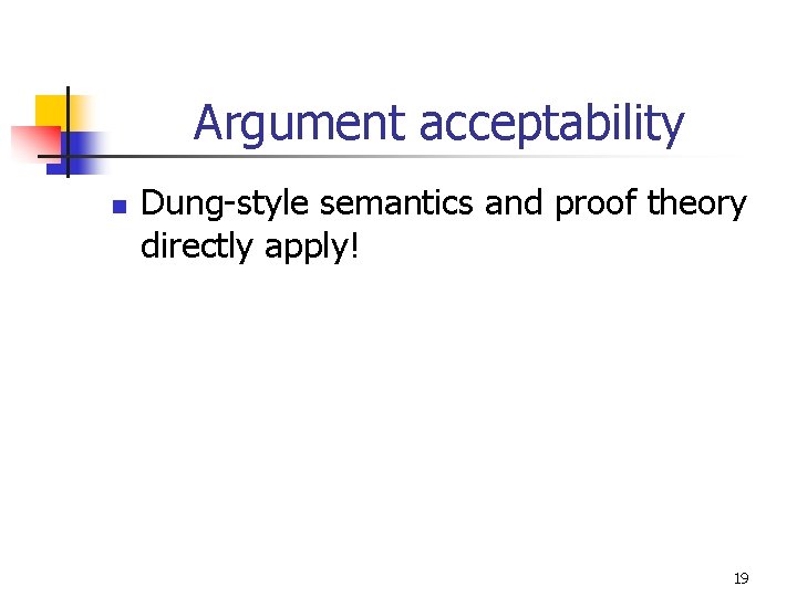 Argument acceptability n Dung-style semantics and proof theory directly apply! 19 Argument acceptability n Dung-style semantics and proof theory directly apply! 19
