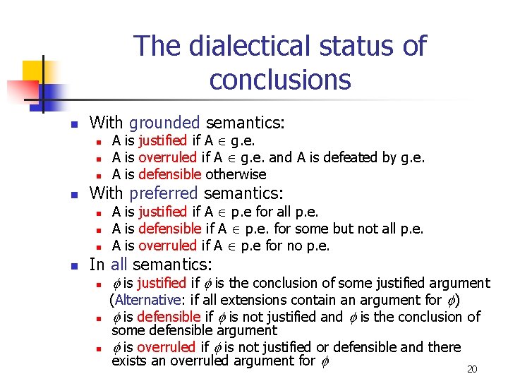 The dialectical status of conclusions n With grounded semantics: n n With preferred semantics: The dialectical status of conclusions n With grounded semantics: n n With preferred semantics:
