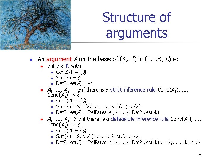 Structure of arguments n An argument A on the basis of (K, ’) in Structure of arguments n An argument A on the basis of (K, ’) in