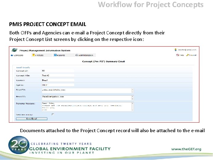 Workflow for Project Concepts PMIS PROJECT CONCEPT EMAIL Both OFPs and Agencies can e-mail