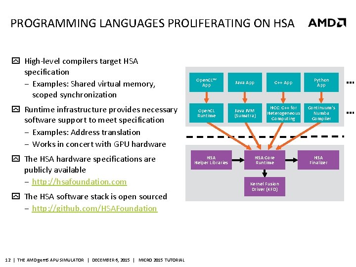 PROGRAMMING LANGUAGES PROLIFERATING ON HSA High-level compilers target HSA specification ‒ Examples: Shared virtual