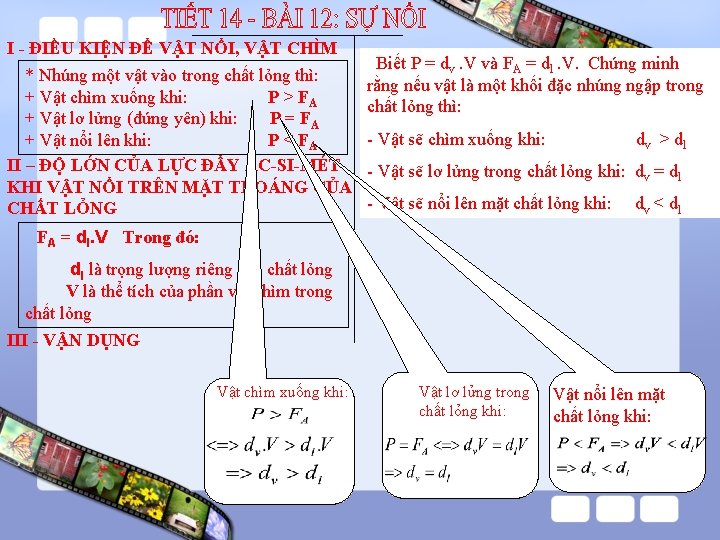 I - ĐIỀU KIỆN ĐỂ VẬT NỔI, VẬT CHÌM * Nhúng một vật vào