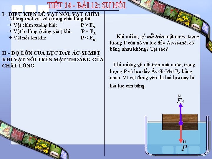 I - ĐIỀU KIỆN ĐỂ VẬT NỔI, VẬT CHÌM Nhúng một vật vào trong