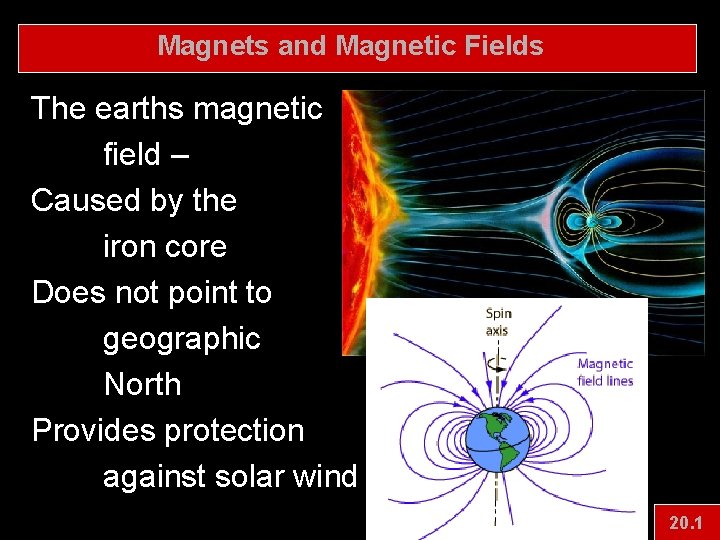 Magnets and Magnetic Fields The earths magnetic field – Caused by the iron core