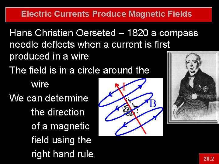 Electric Currents Produce Magnetic Fields Hans Christien Oerseted – 1820 a compass needle deflects