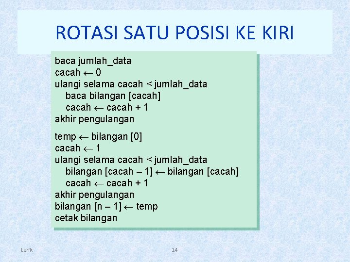 ROTASI SATU POSISI KE KIRI baca jumlah_data cacah 0 ulangi selama cacah < jumlah_data