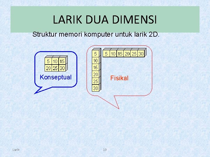 LARIK DUA DIMENSI Struktur memori komputer untuk larik 2 D. Konseptual Larik Fisikal 19