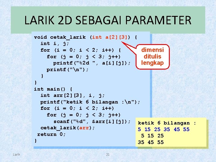 LARIK 2 D SEBAGAI PARAMETER void cetak_larik (int a[2][3]) { int i, j; for