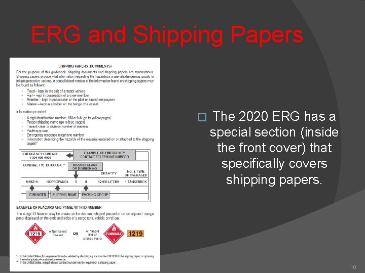 ERG and Shipping Papers � The 2020 ERG has a special section (inside the