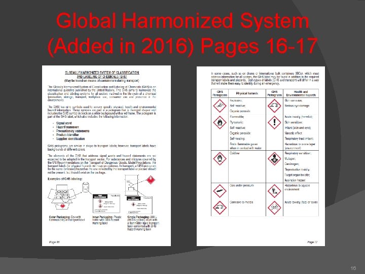 Global Harmonized System (Added in 2016) Pages 16 -17 16 
