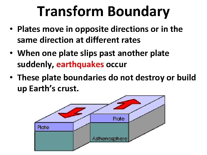 Transform Boundary • Plates move in opposite directions or in the same direction at