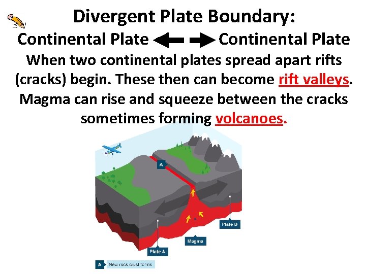 Divergent Plate Boundary: Continental Plate When two continental plates spread apart rifts (cracks) begin.