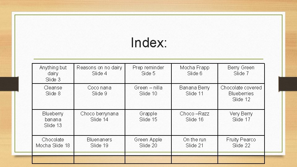 Index: Anything but dairy Slide 3 Reasons on no dairy Slide 4 Prep reminder