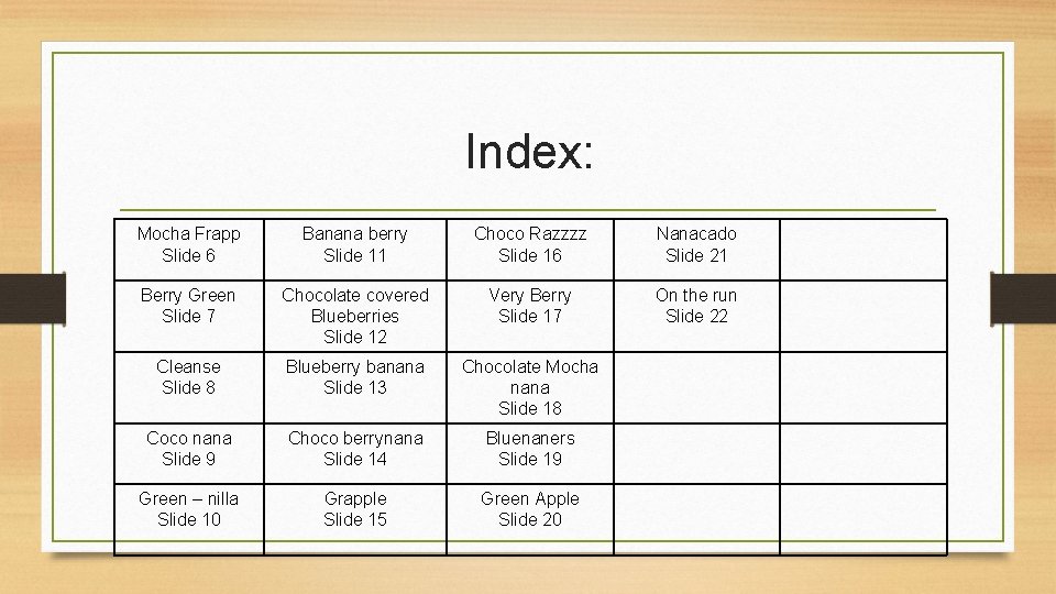 Index: Mocha Frapp Slide 6 Banana berry Slide 11 Choco Razzzz Slide 16 Nanacado