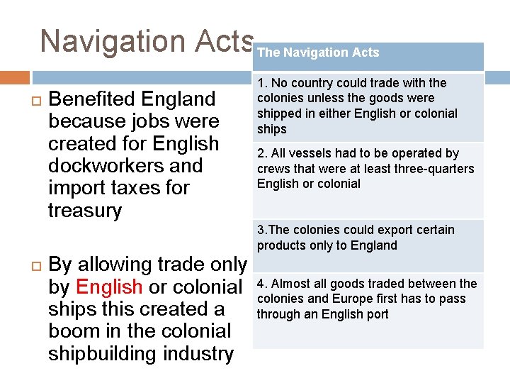 Navigation Acts The Navigation Acts Benefited England because jobs were created for English dockworkers
