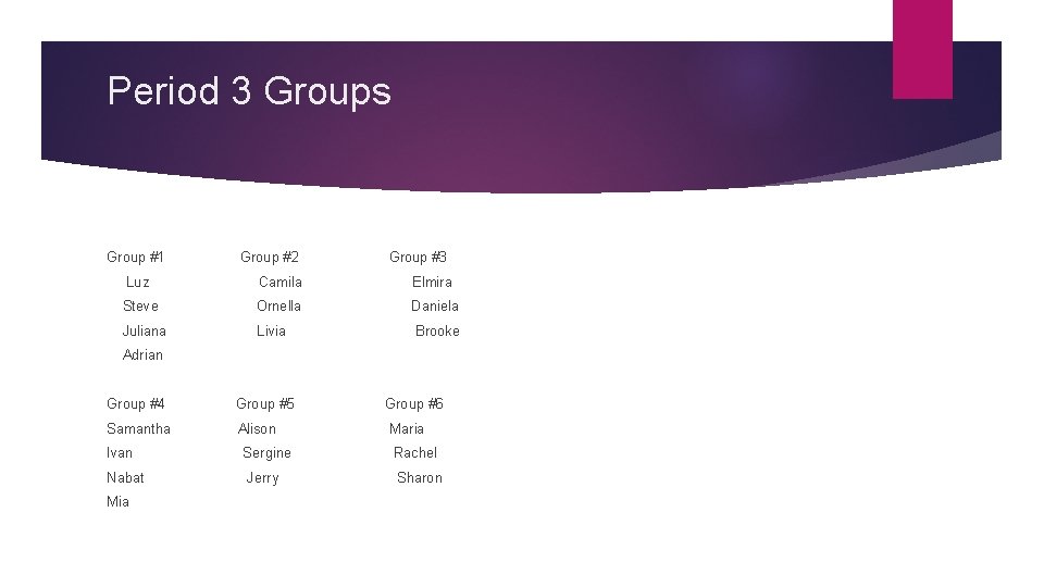 Period 3 Groups Group #1 Group #2 Group #3 Luz Camila Elmira Steve Ornella Period 3 Groups Group #1 Group #2 Group #3 Luz Camila Elmira Steve Ornella
