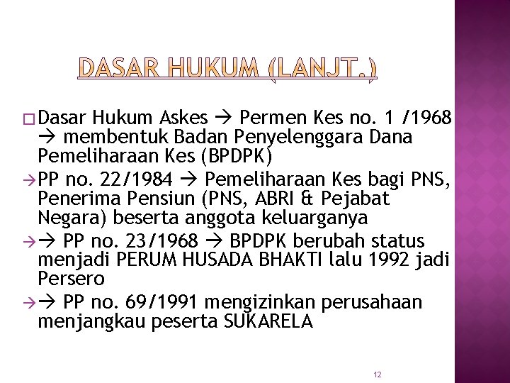 � Dasar Hukum Askes Permen Kes no. 1 /1968 membentuk Badan Penyelenggara Dana Pemeliharaan