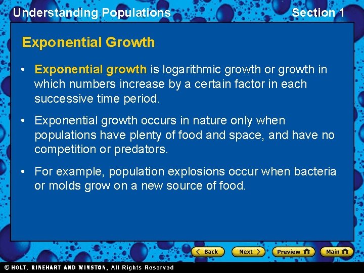 Understanding Populations Section 1 Exponential Growth • Exponential growth is logarithmic growth or growth