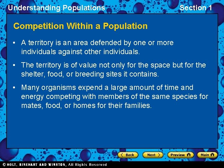 Understanding Populations Section 1 Competition Within a Population • A territory is an area